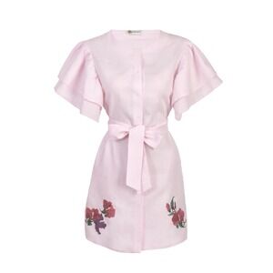 Fanm Mon Linen Shift Dress XS Light Pink Floral Embroidery Flutter Sleeve Button